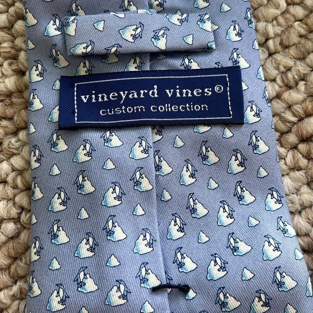 Vineyard Vines Custom Collection Necktie Blue Neck Tie Silk Penguin on an iceber